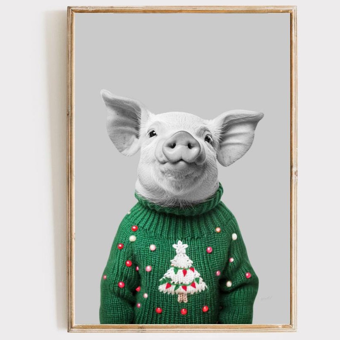 Christmas Pig Wearing Green Sweater With Tree Portrait Wall Art