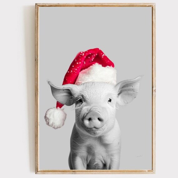 Christmas Pig Wearing Red Santa Hat Festive Portrait Wall Poster