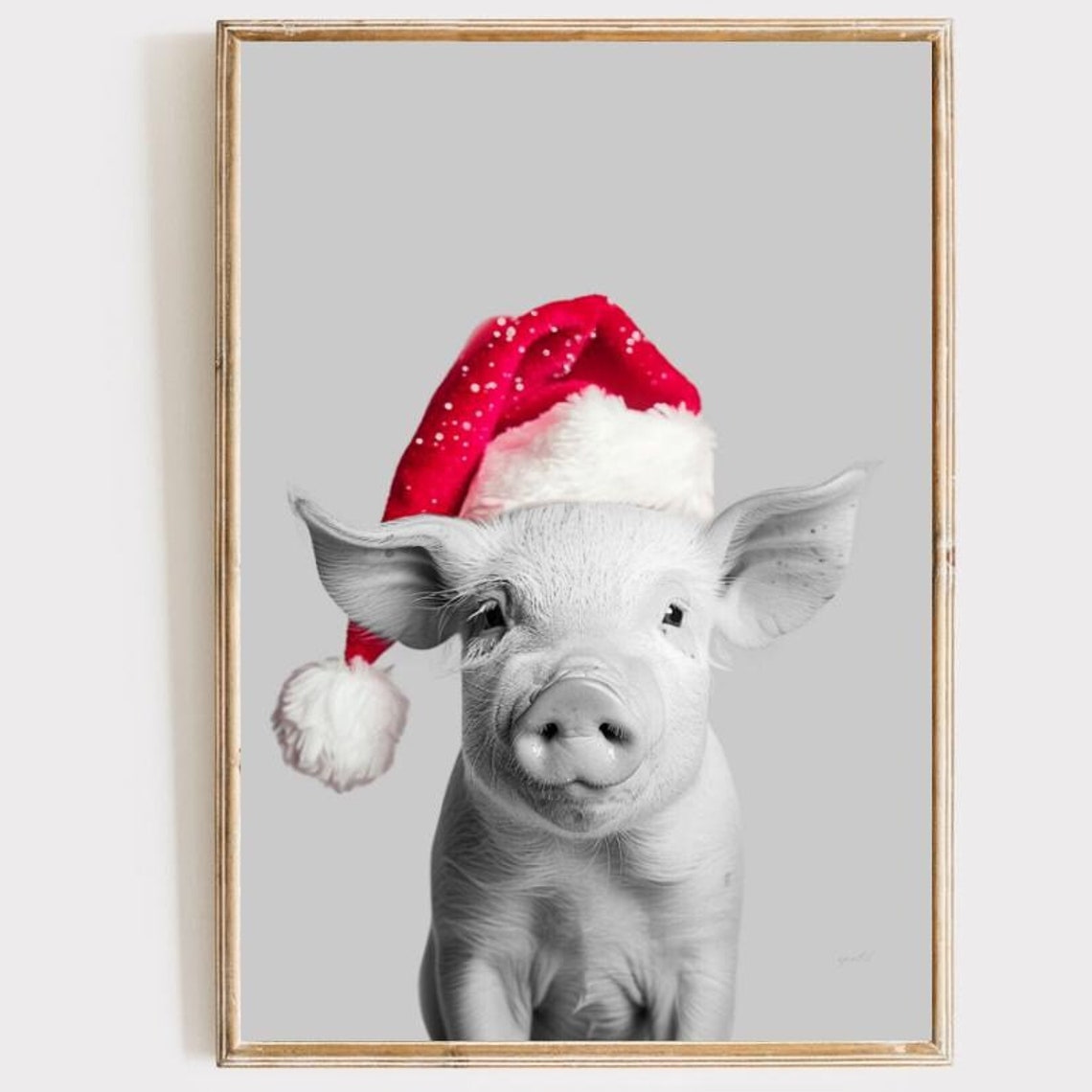 Christmas Pig Wearing Red Santa Hat Festive Portrait Wall Poster