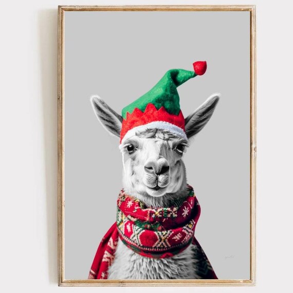 Christmas Llama Wearing Elf Hat And Knitted Scarf Portrait Wall Art