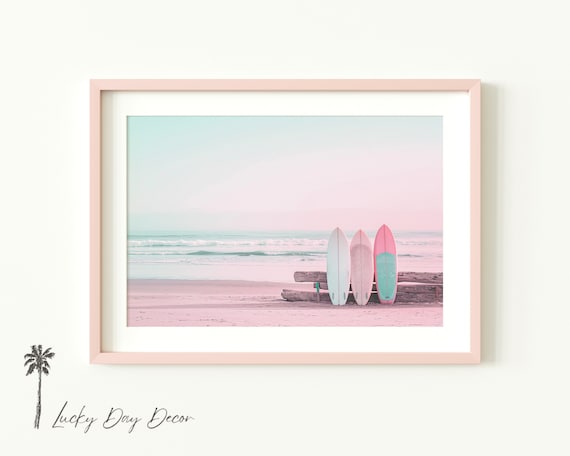 Three Surfboards On Driftwood At Pink Beach Sunrise Fun Poster