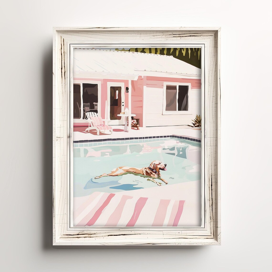 Golden Retriever Swimming Pink Pool Retro Beach House Fun Art Poster