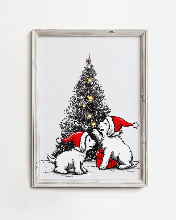 Christmas Puppies In Santa Hats Decorating Tree Sketch Art Poster