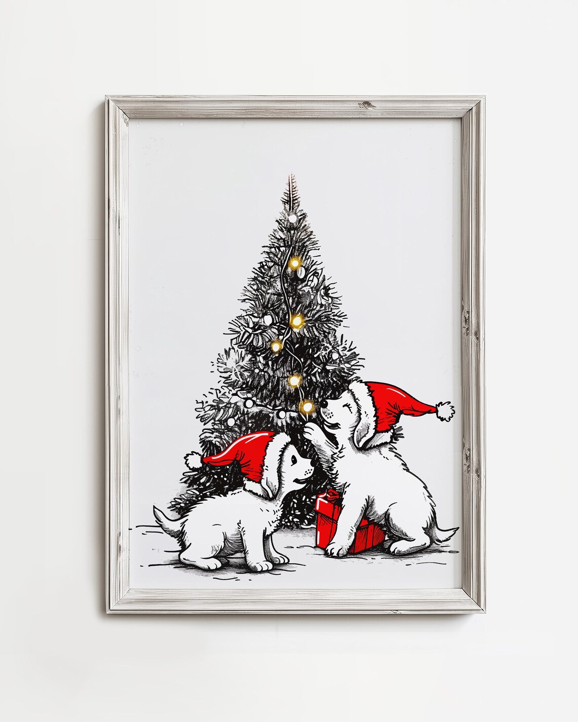 Christmas Puppies In Santa Hats Decorating Tree Sketch Art Poster