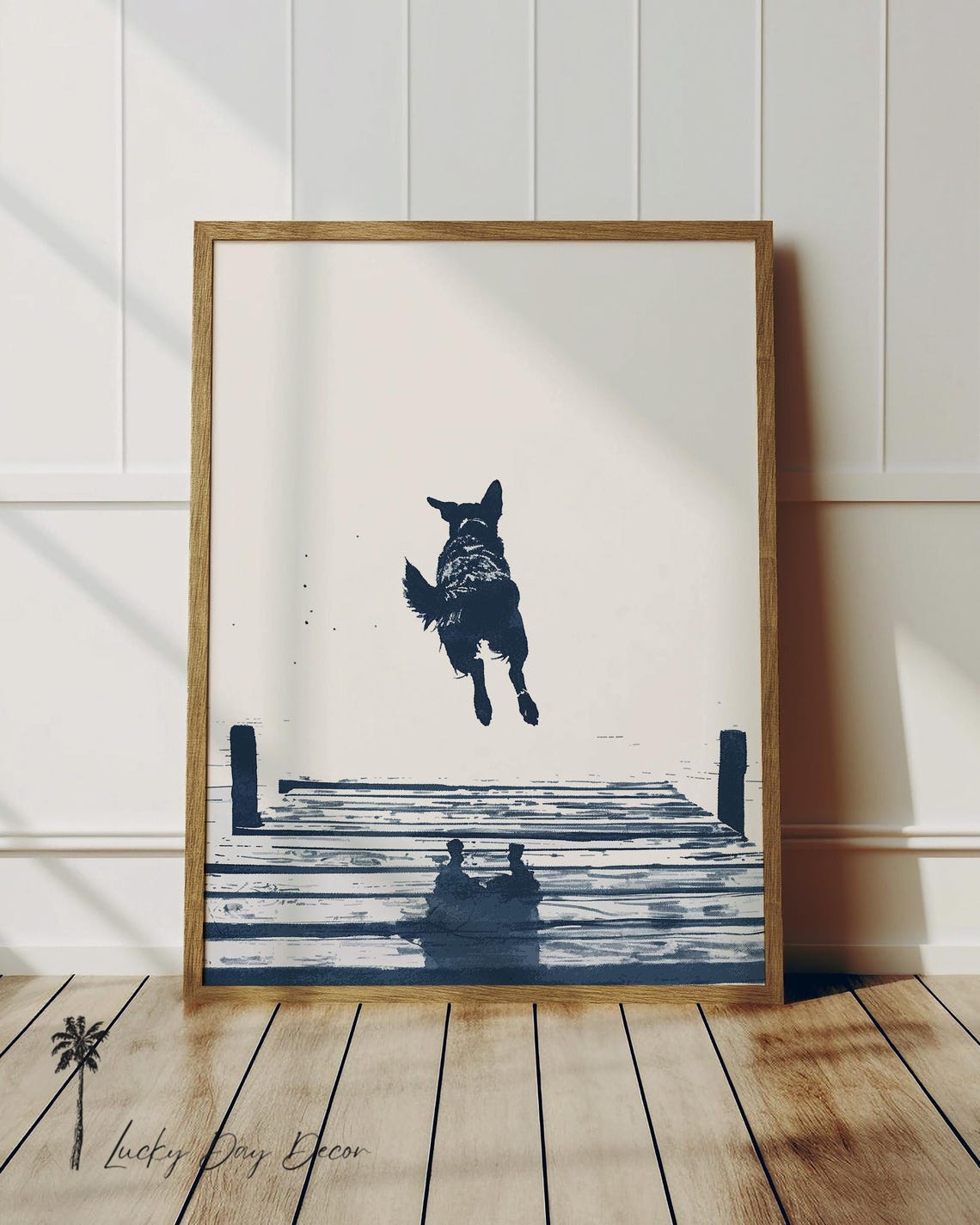 Dog Leaping Off Dock Into Water Navy Ink Minimalist Art Poster