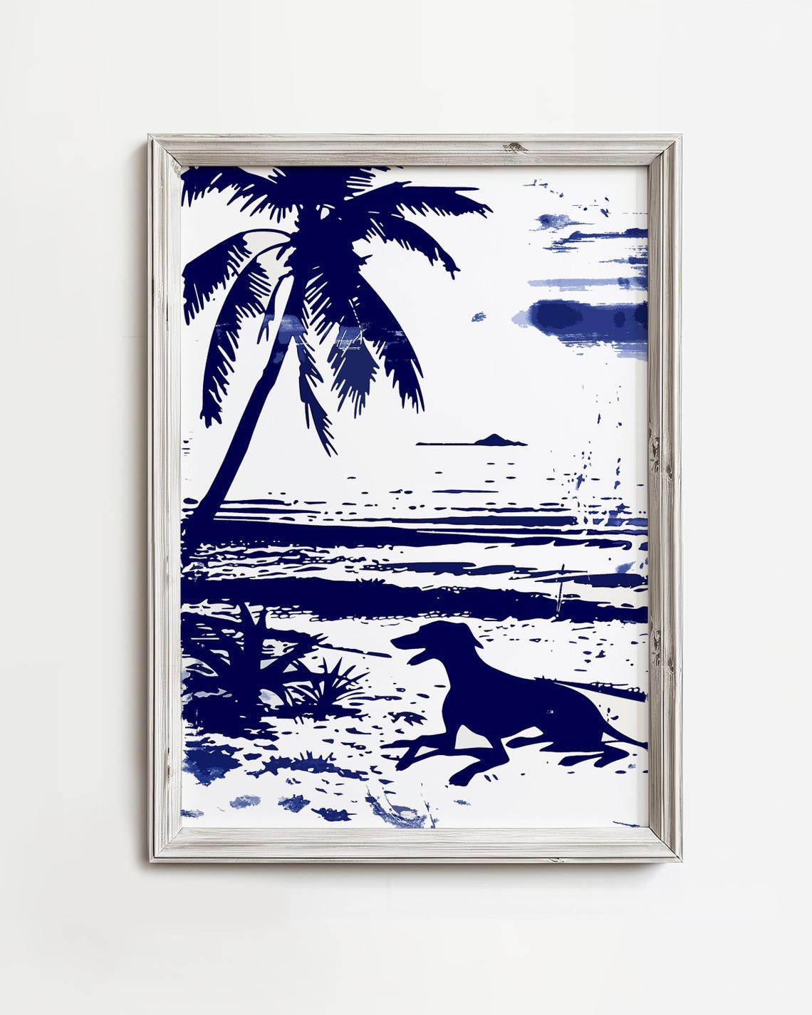 Lounging Greyhound Dog on Beach with Palm Tree Navy Silhouette Poster