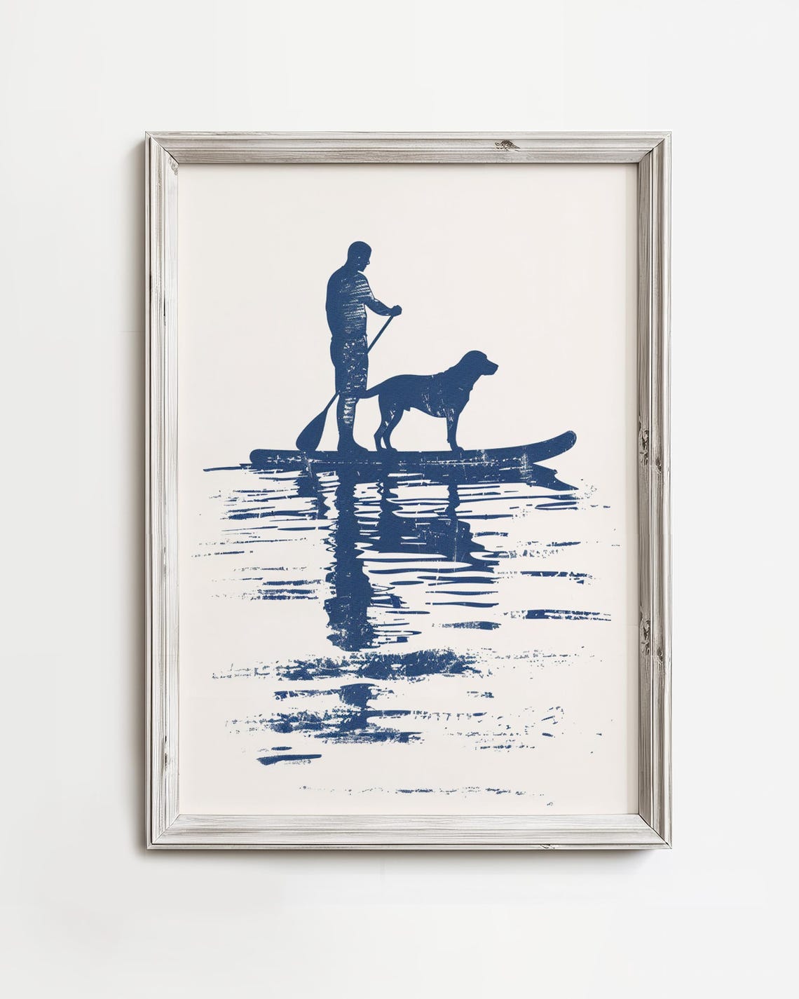 Man Paddleboarding With Dog Navy Silhouette Coastal Art Poster