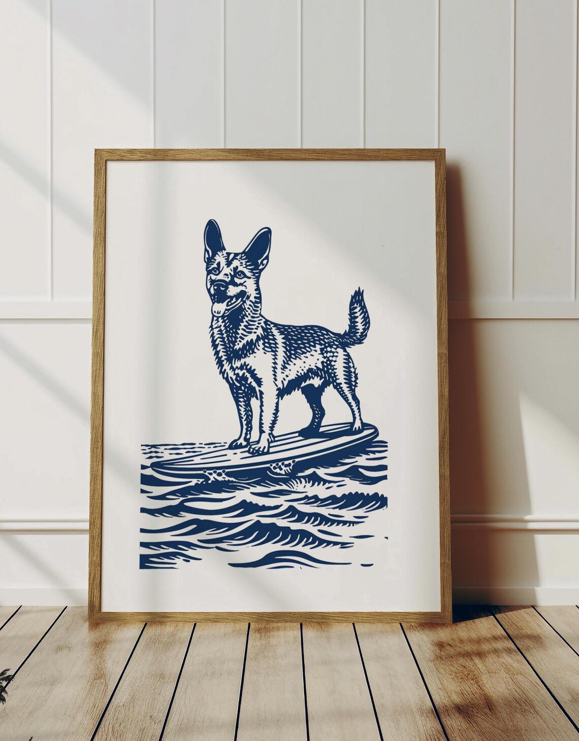 Happy Terrier Dog Surfing Waves Navy Line Art Coastal Fun Poster