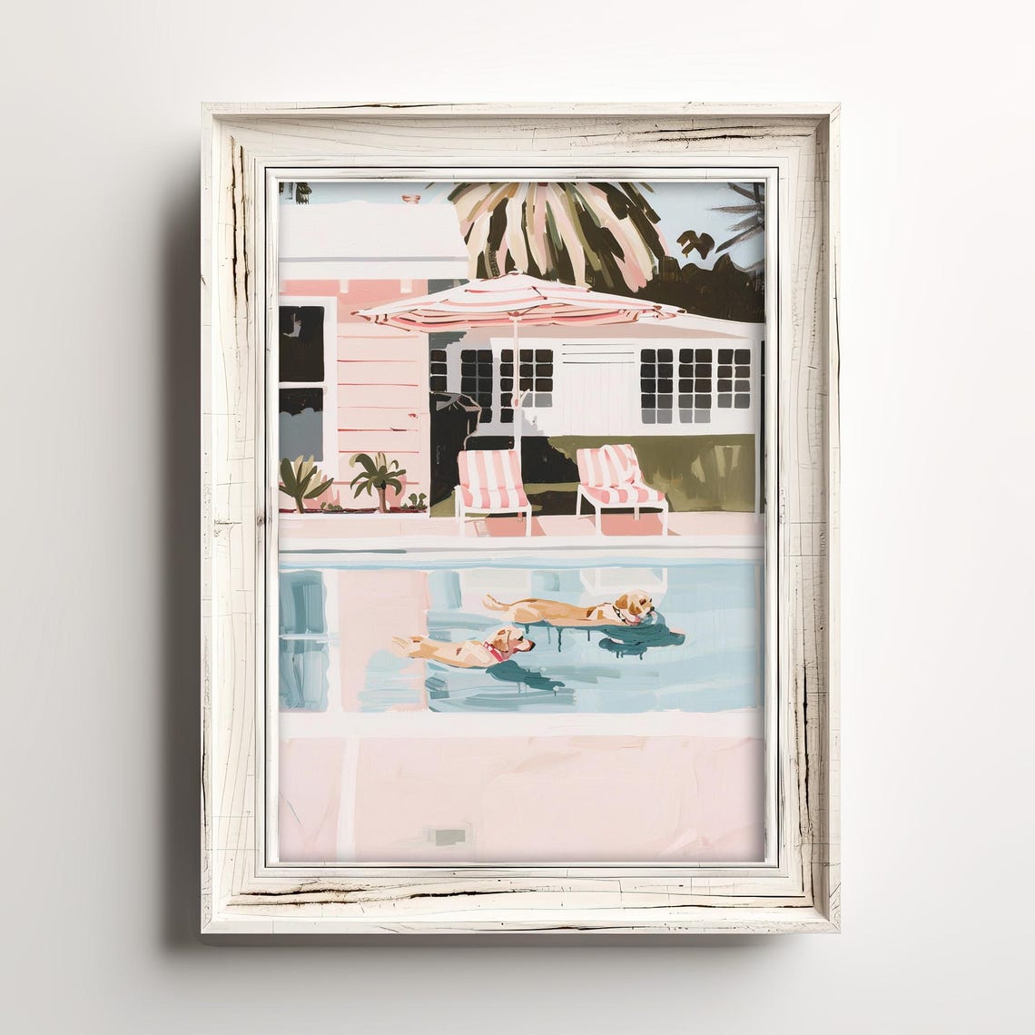 Two Dogs Swimming Pink Retro Pool Summer Palm Trees Fun Art Poster