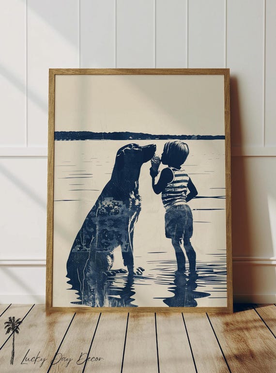 Vintage Day At The Lake Cute Adorable Nursery Print Family Home Art Summer Cottage Wall Decor For Canine Lovers Rustic Sketch