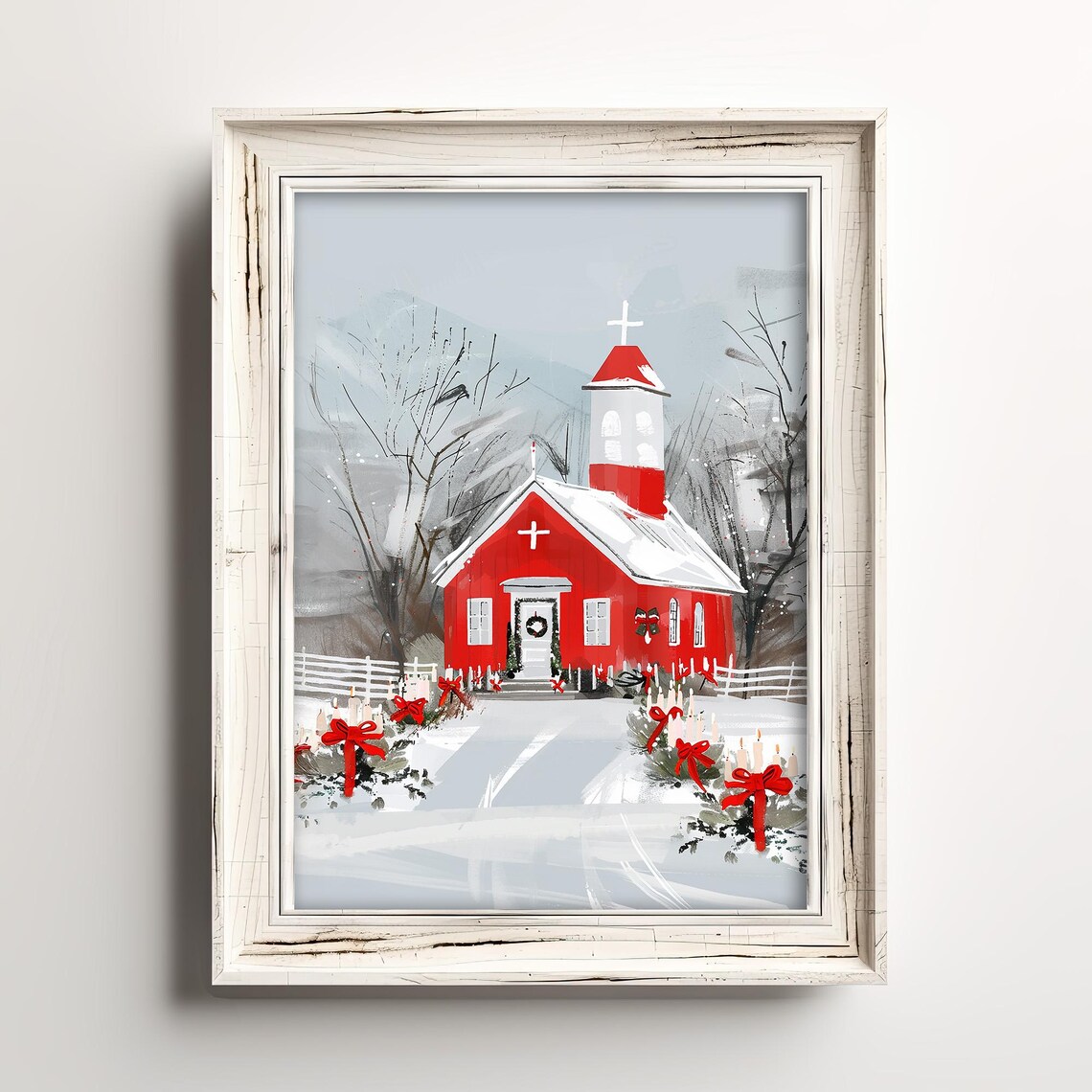 Country Red Church Winter Art Print, Holiday Decor