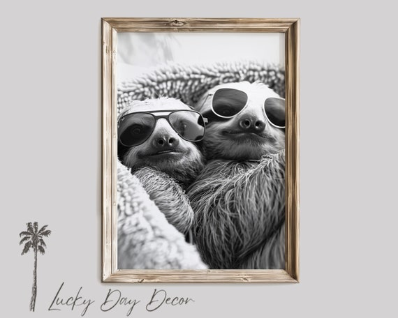 Cozy Sloths In Blanket Poolside Animals Whimsical Sloth Decor Lover Print Afternoon Nap Monochrome