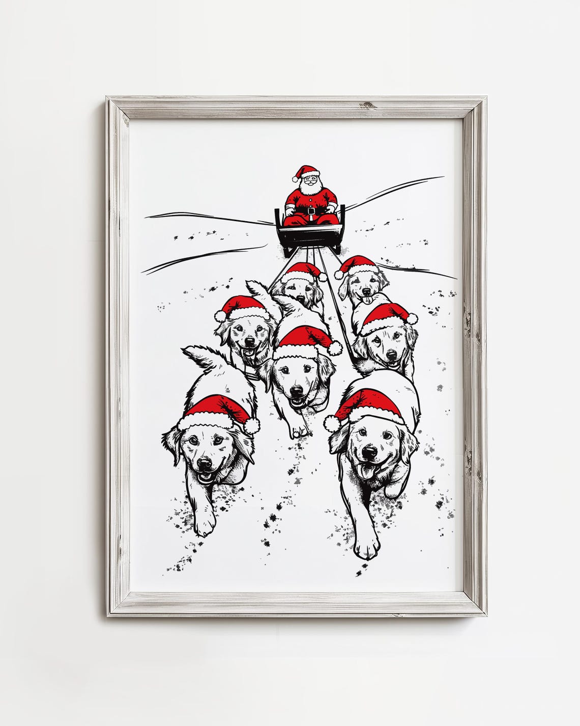 Santa Sleigh Pulled by Golden Retrievers Christmas Sketch Poster