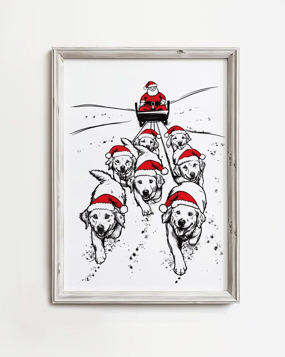 Santa Sleigh Pulled by Golden Retrievers Christmas Sketch Poster