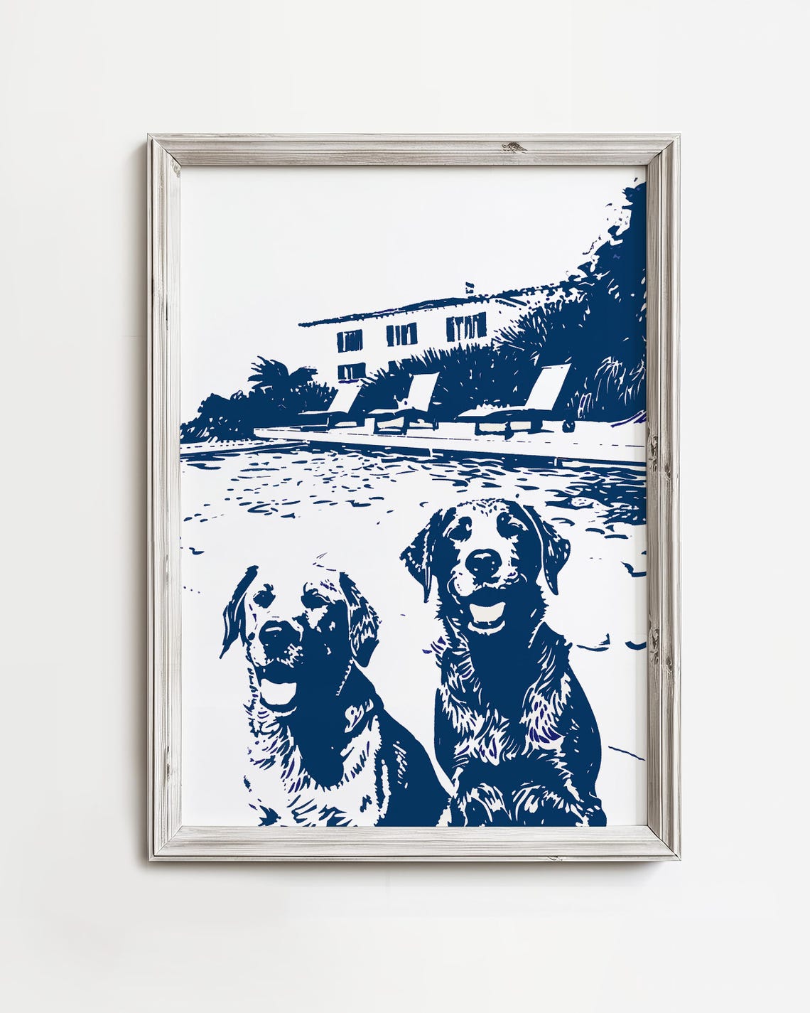 Two Happy Labradors Poolside Villa Summer Navy Screenprint Poster