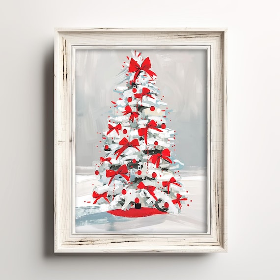 White Christmas Tree With Red Bows Classic Holiday Painting Poster