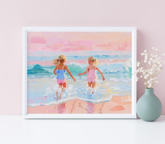 Girls Play In Waves Pastel Coastal Painting Art Print