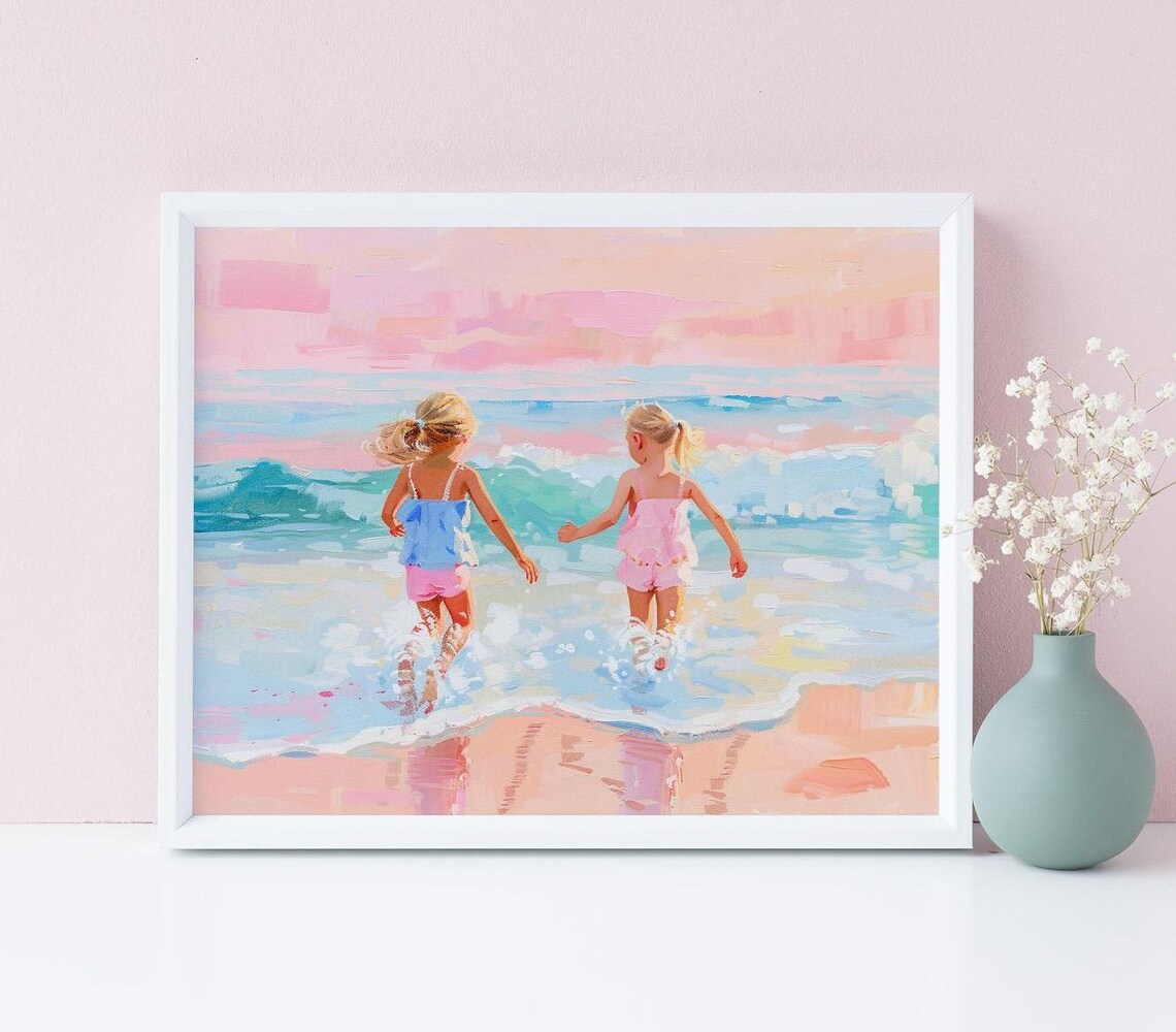 Girls Play In Waves Pastel Coastal Painting Art Print
