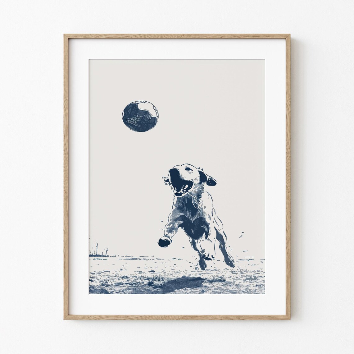 Puppy Leaping for Ball Blue Ink Minimalist Sketch Art Poster