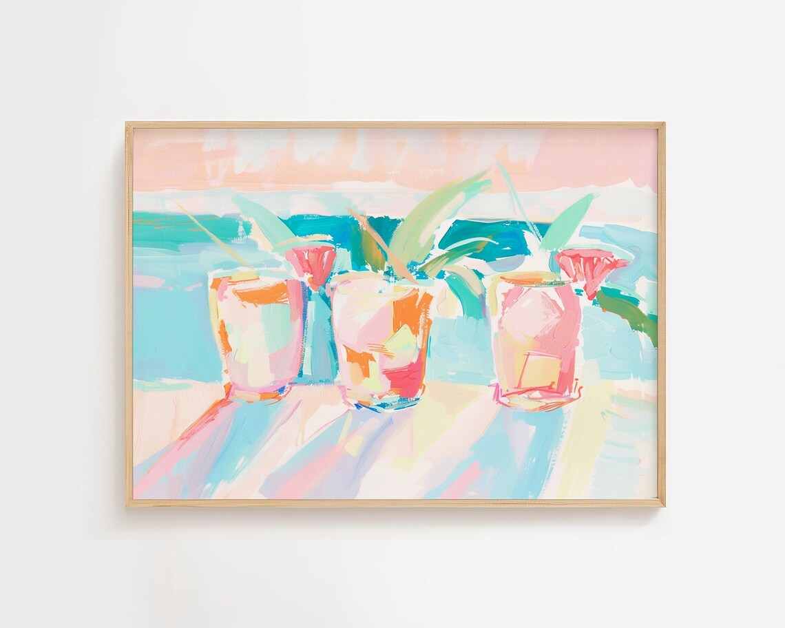 Pastel Cocktail Happy Hour Beach Bar Colorful Tropical Art Poster