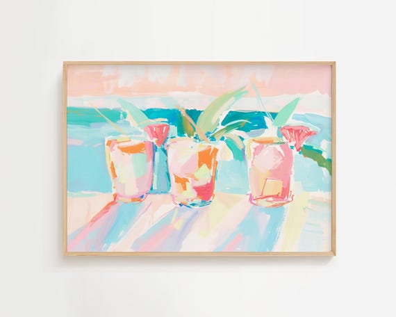 Happy Hour Cocktails Colorful Cocktail Pastel Painting Coastal Wall Art Beach Summer House Prints Pink Girly Abstract Vacation
