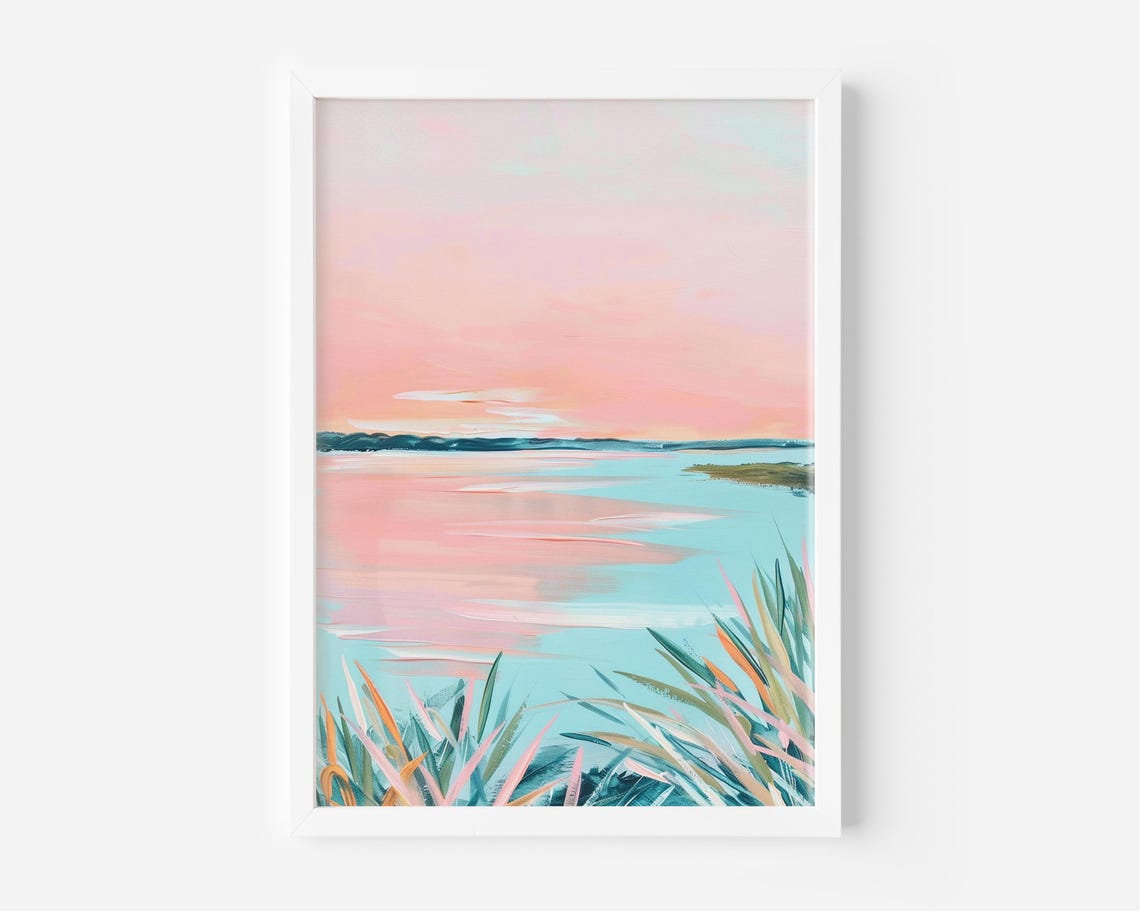 Pastel Coastal Marsh Sunset Pink Sky Ocean Seascape Art Print