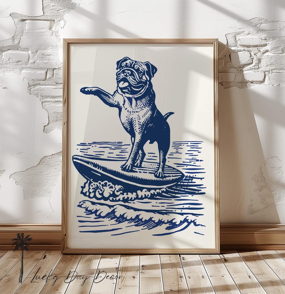 Funny Pug Surfing Waves Navy Line Art Playful Coastal Beach Dog Poster