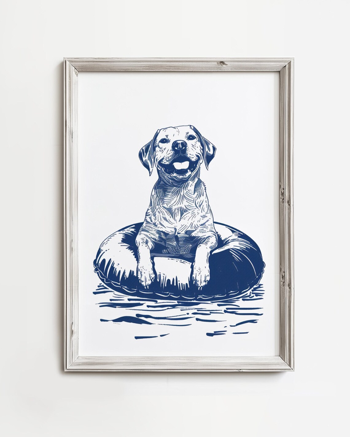 Smiling Dog In Inner Tube Navy Coastal Beach House Art Poster