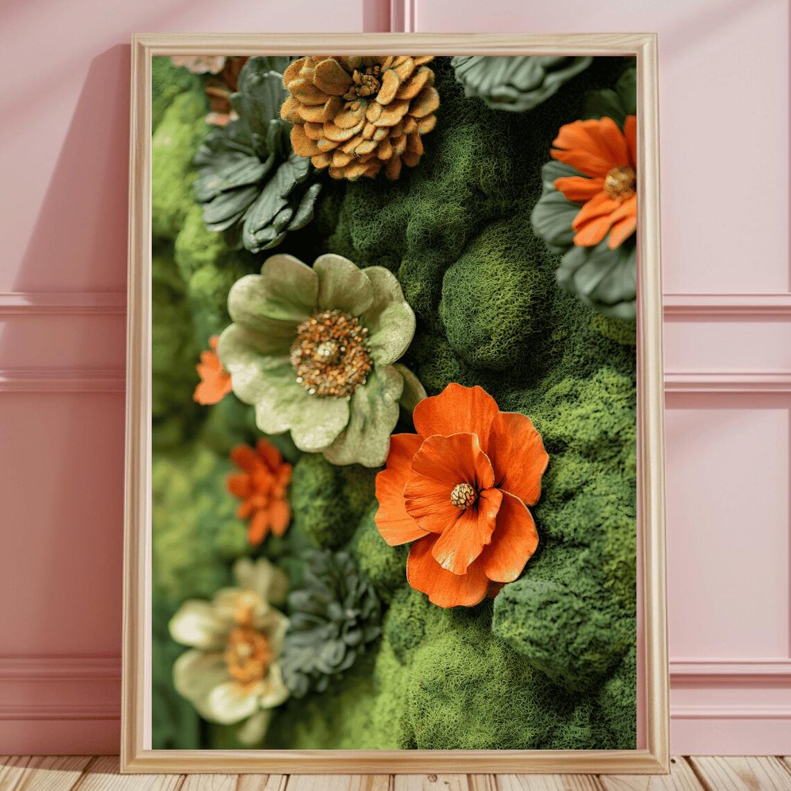 Orange Poppies and Gold Pinecone on Green Moss Floral Wall Poster