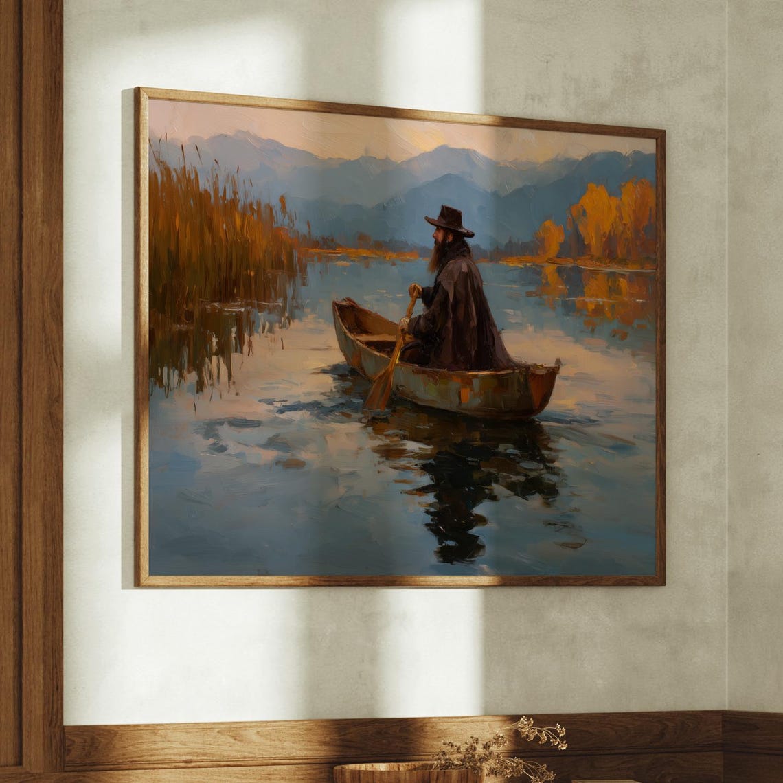 Bearded Man Canoeing Through Autumn Lake Reflections Art Poster