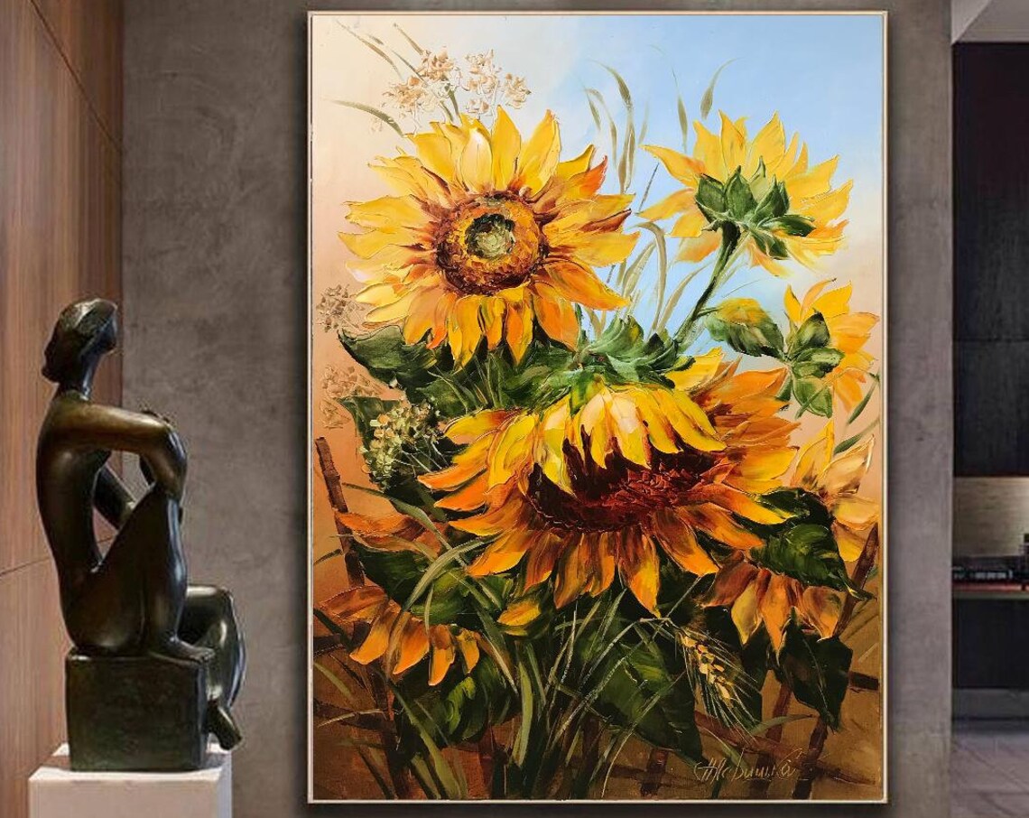 Golden Sunflowers Against Blue Sky Oil Painting Floral Wall Art