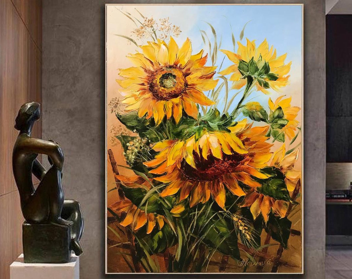 Sunflower Painting Original Yellow Flower Oil Painting On Sunflower Artwork Sun Flowers Painting Van Gogh Sunflower Field Art