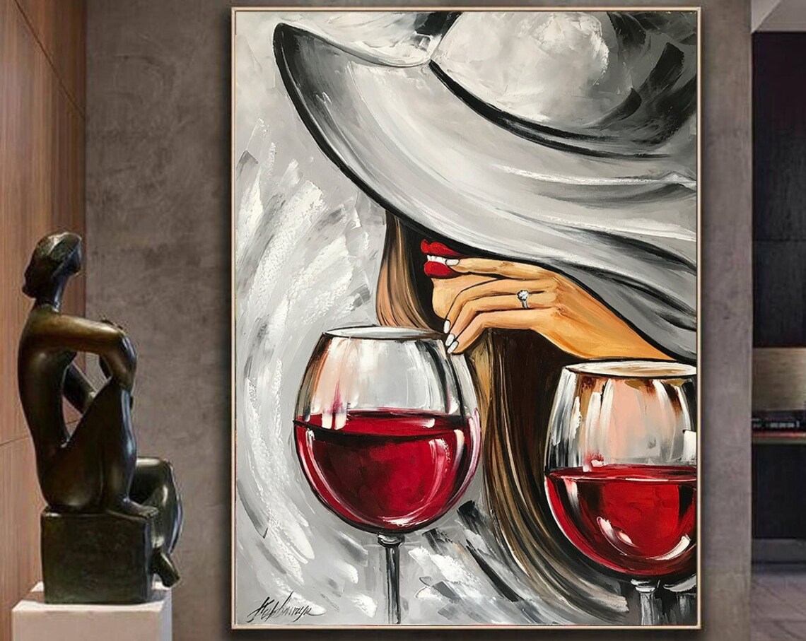 Mystery Woman Red Wine Glasses Modern Black Red Gray Oil Painting Poster