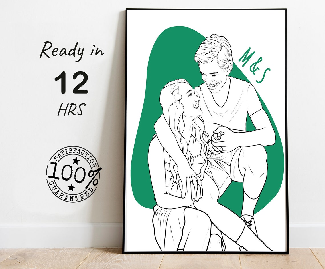 M and S Custom Line Drawing of a Laughing Couple Together Poster