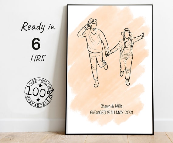 Joyful Engaged Couple Line Art Running With Hats and Date Poster