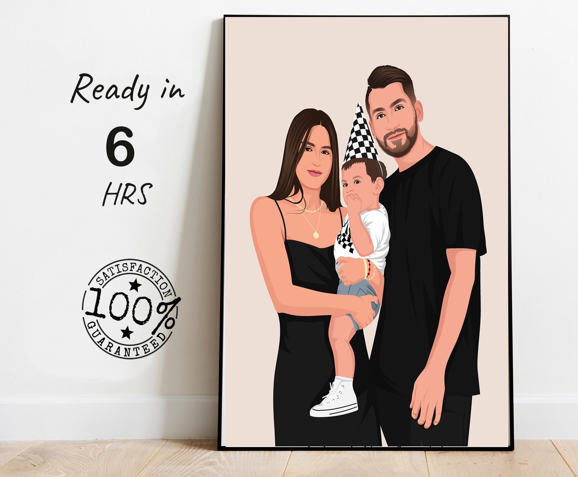 Custom Family Vector Portrait With Toddler in Party Hat Poster
