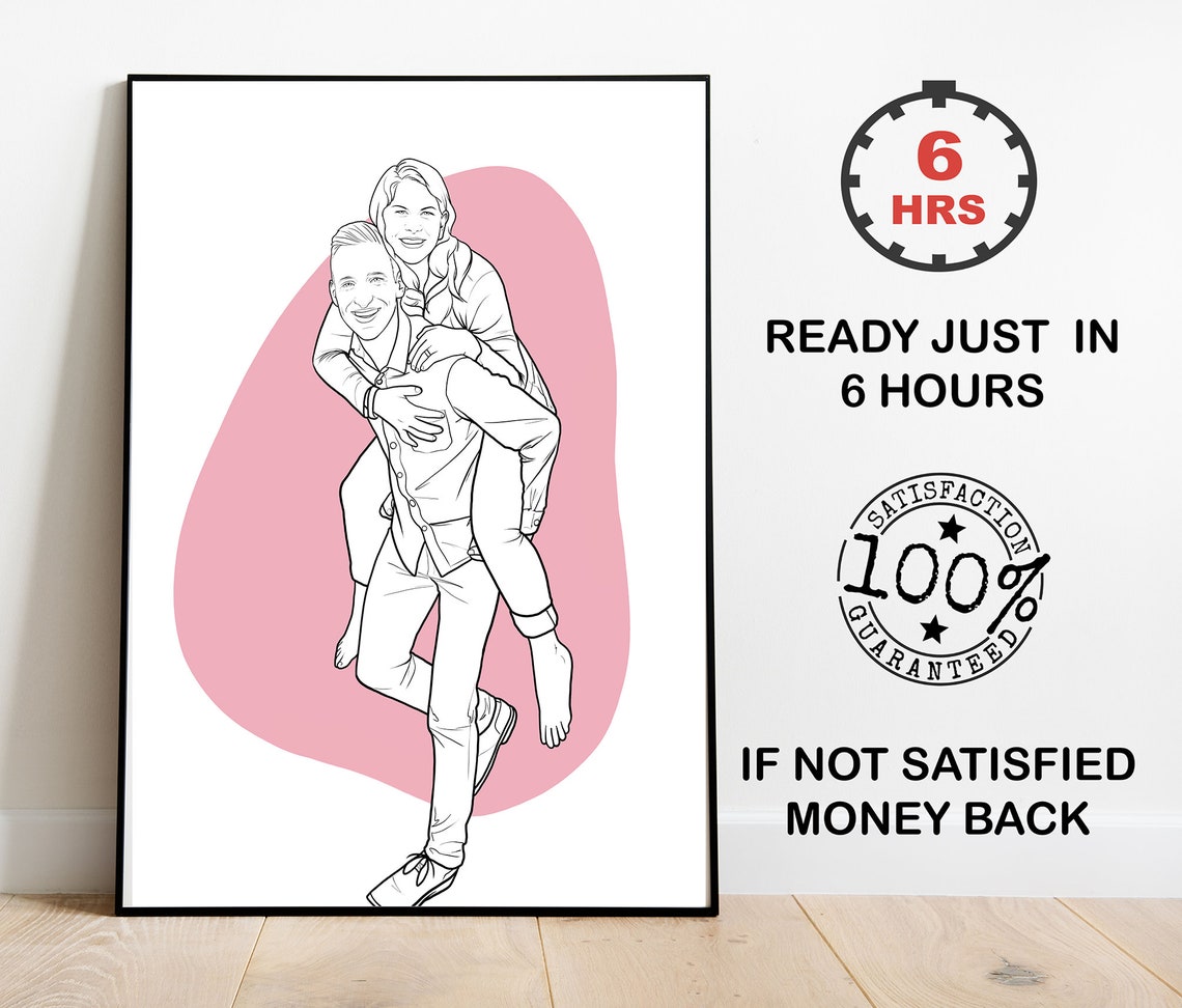Couple Piggyback Ride Line Art Portrait Pink Wash Background Poster