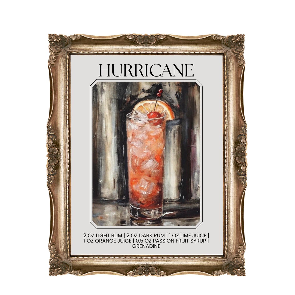 Hurricane Cocktail Recipe Art Bar Decor Print Wall Home Illustration