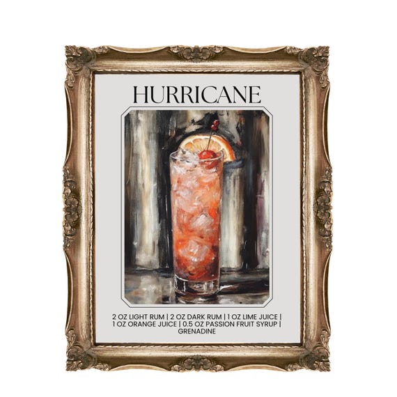 Hurricane Cocktail Recipe Art Bar Decor Print Wall Home Illustration