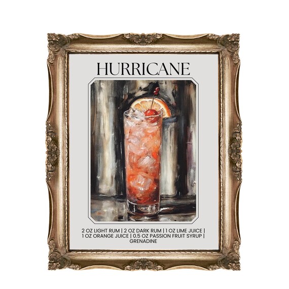 Hurricane Cocktail Recipe Rum Passion Fruit Illustration Poster