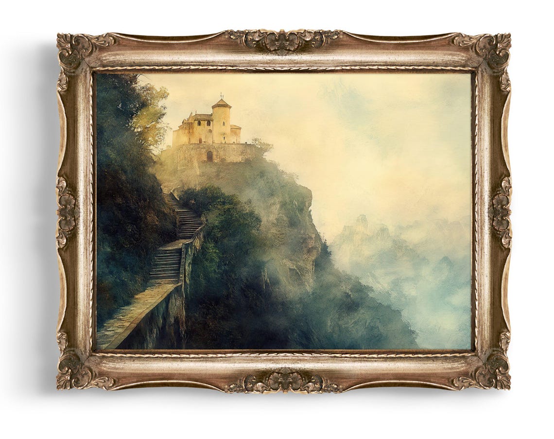 Fantasy Castle Wall Art Medieval Architecture Monastery Decor Stairway To Heaven Misty Landscape Scenic Home