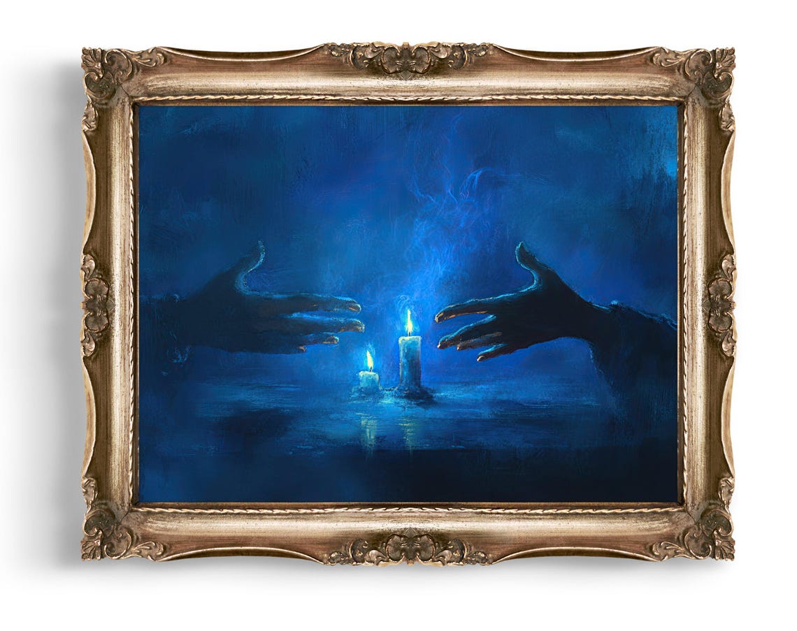 Hands Reaching Toward Candlelight Blue Dark Gothic Art Poster