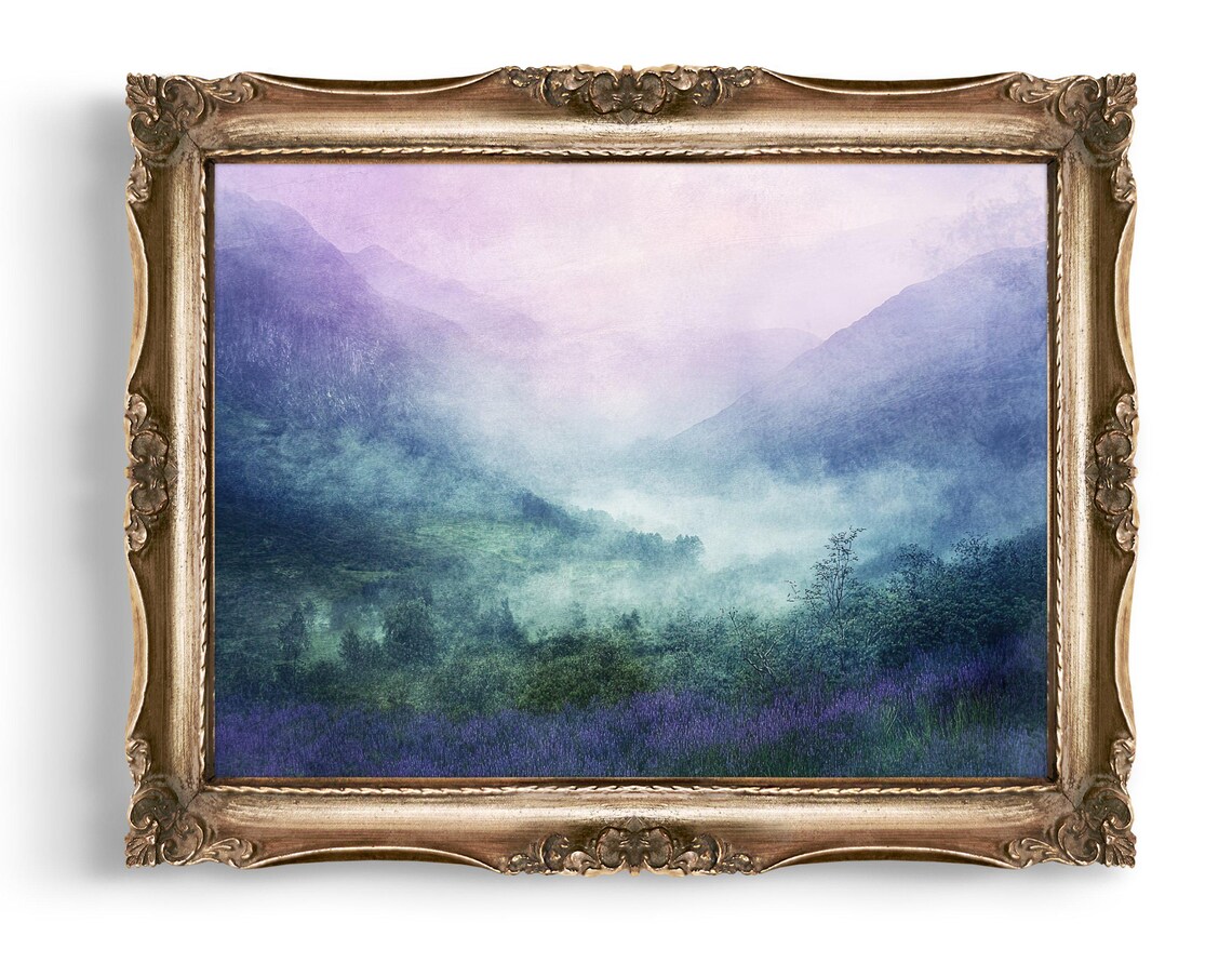 Misty Mountains Lavender Field Foggy Pastel Landscape Art Poster
