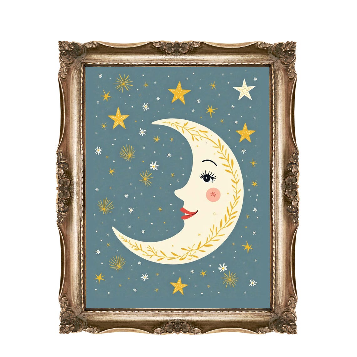 Smiling Golden Crescent Moon And Stars Celestial Nursery Wall Art