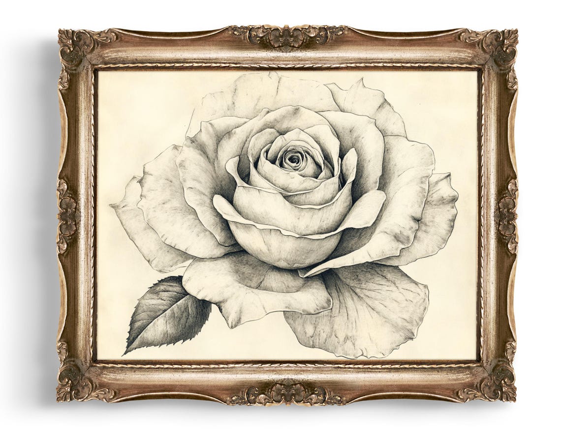 Vintage White Rose Pencil Sketch Botanical Floral Wall Art Decor