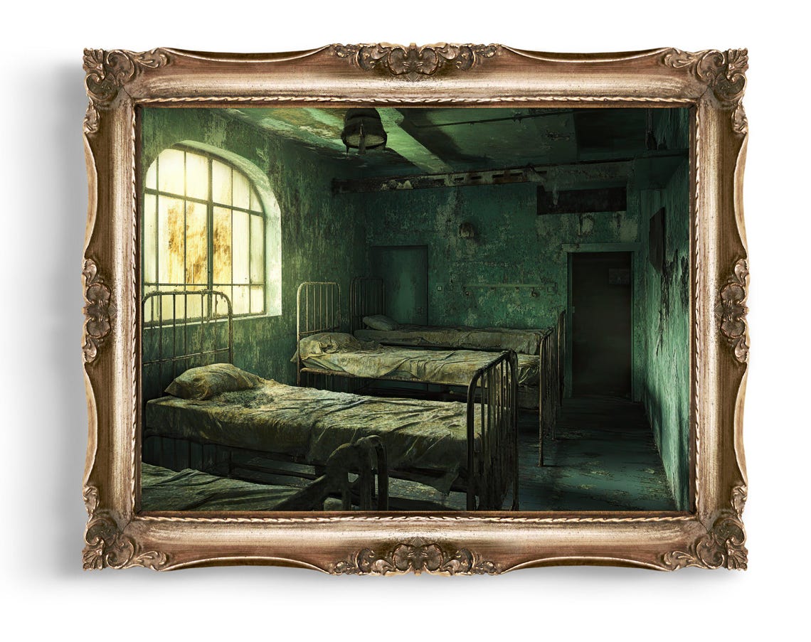 Abandoned Asylum Ward Eerie Vintage Hospital Room Dark Art Poster