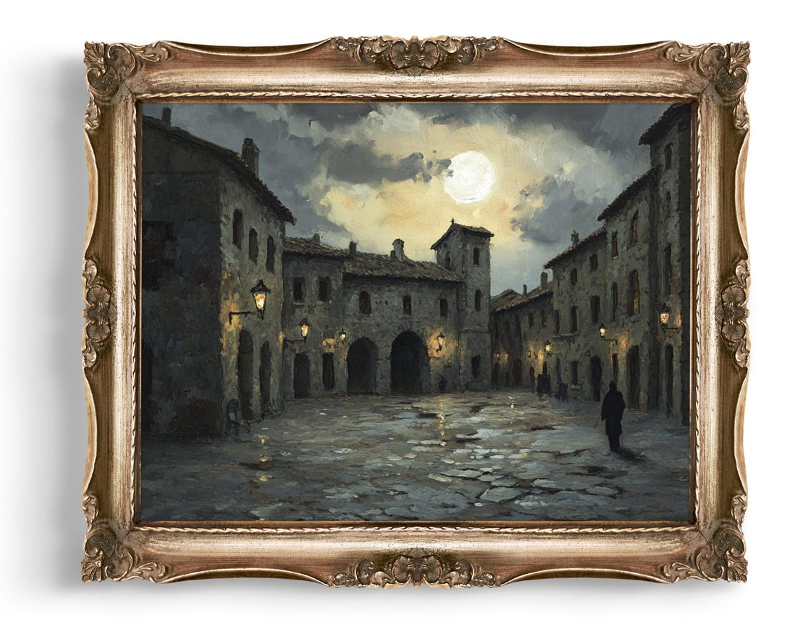 Moonlit Old Town Stone Plaza Night Scene Oil Painting Poster