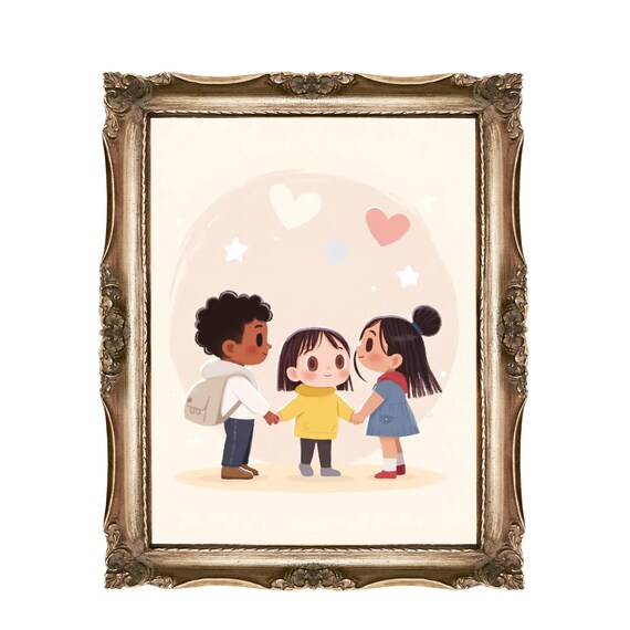 Three Diverse Kids Holding Hands Friendship Inclusive Wall Art