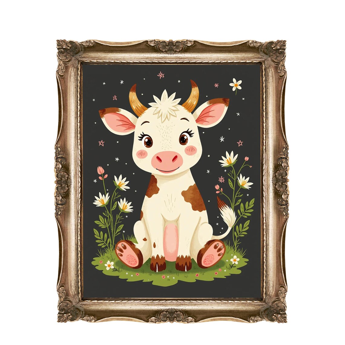 Cute Baby Cow With Daisies Dark Background Nursery Kids Poster