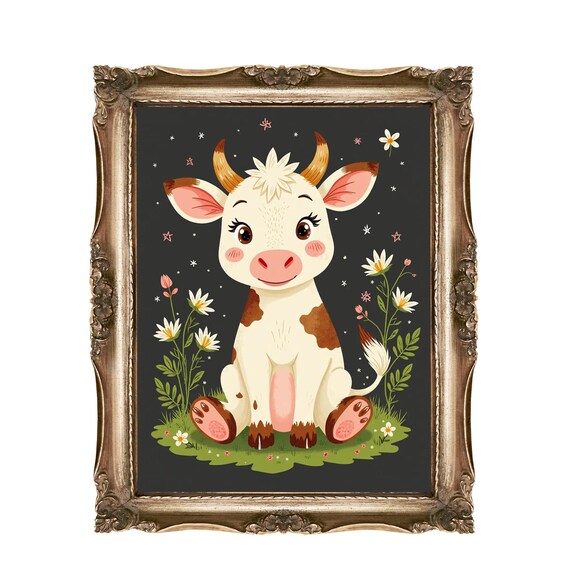 Cute Baby Cow With Daisies Dark Background Nursery Kids Poster